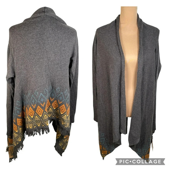 Woolrich Southwestern Cardigan Sweater Wool Blend Shawl Fringe Gray NWT Medium - Picture 2 of 15